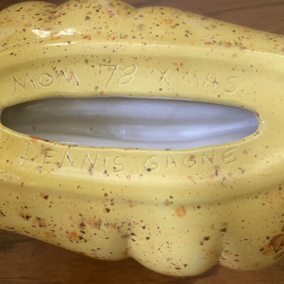 Vintage MCM Glazed Yellow Speckled Ceramic Ashtray Shell Fan Wave Handmade 1978 - Picture 7 of 10
